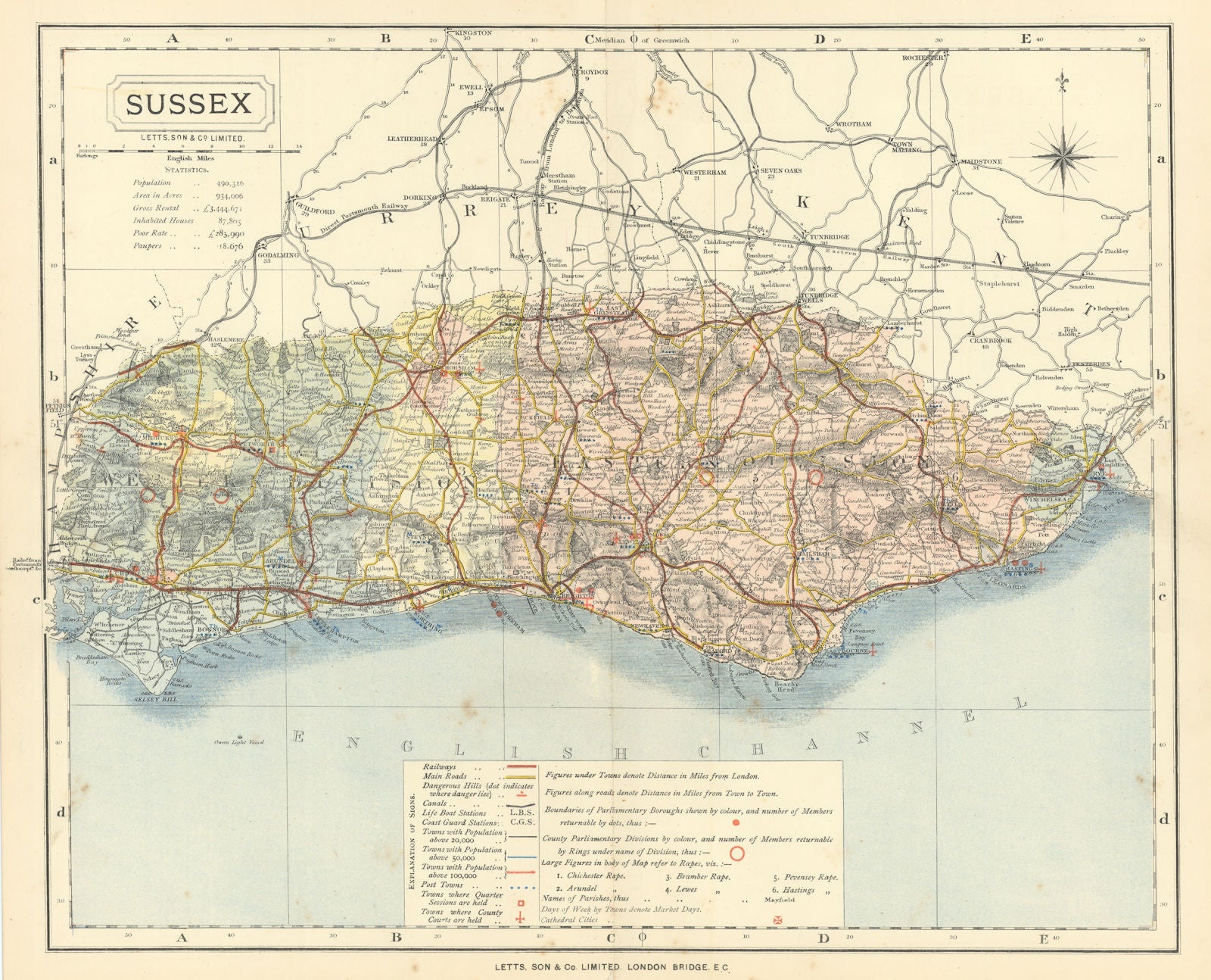 Sussex county map showing Post Towns & Market Days. LETTS 1884 old antique